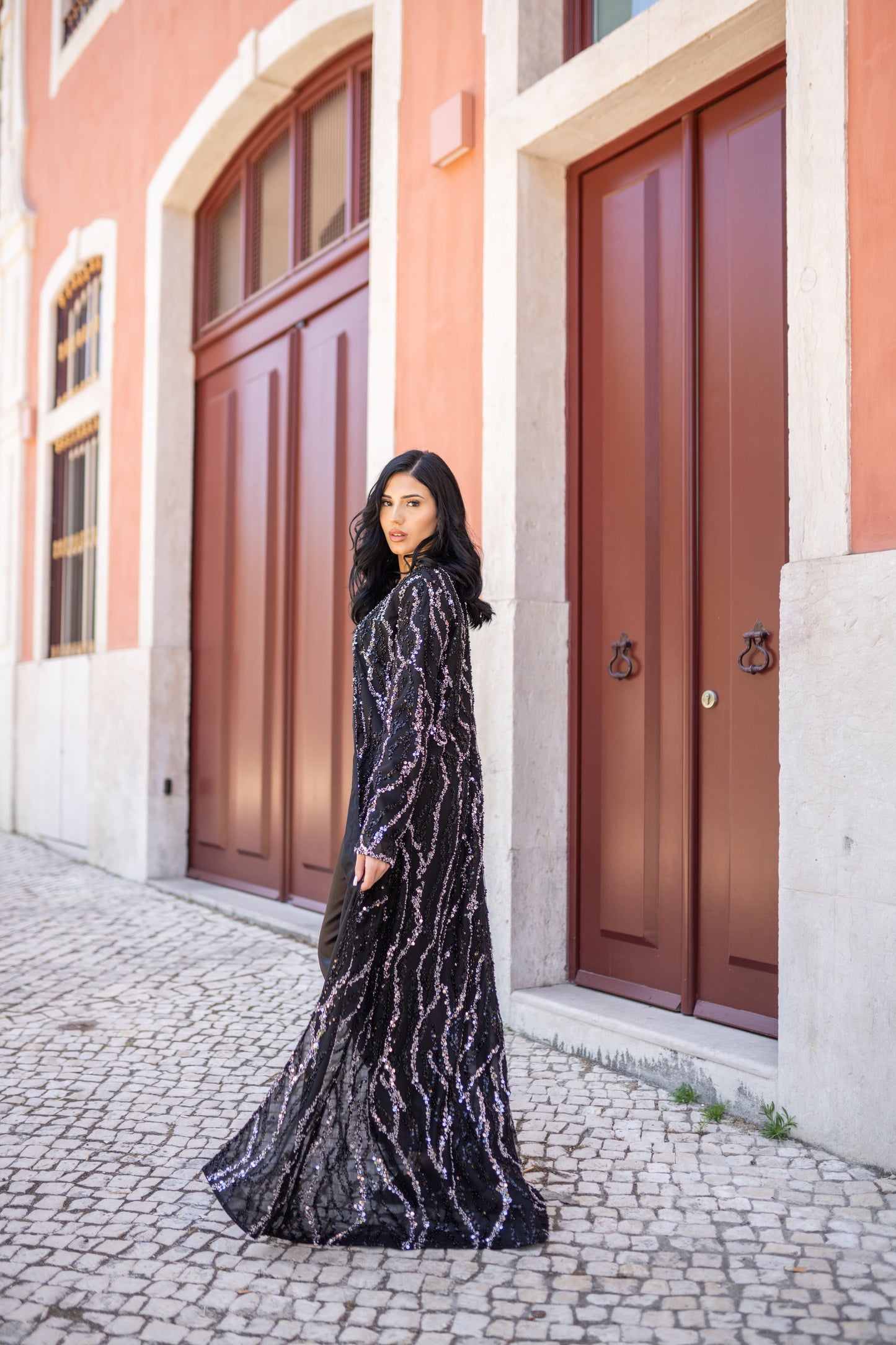 Black Satin Jumpsuit with Rhinestone Cape