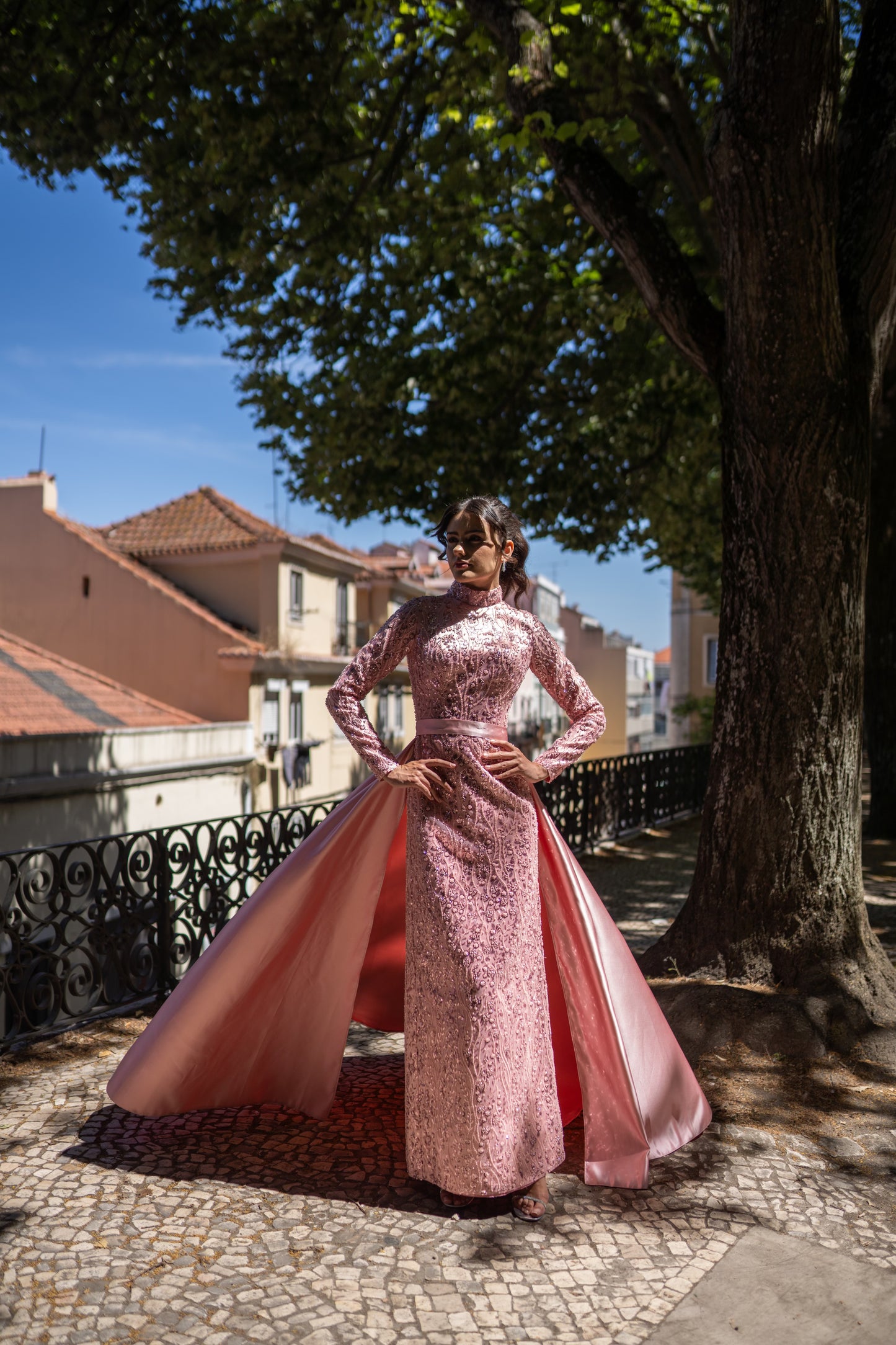 Pink Embroidered Corset Gown with Satin Skirt