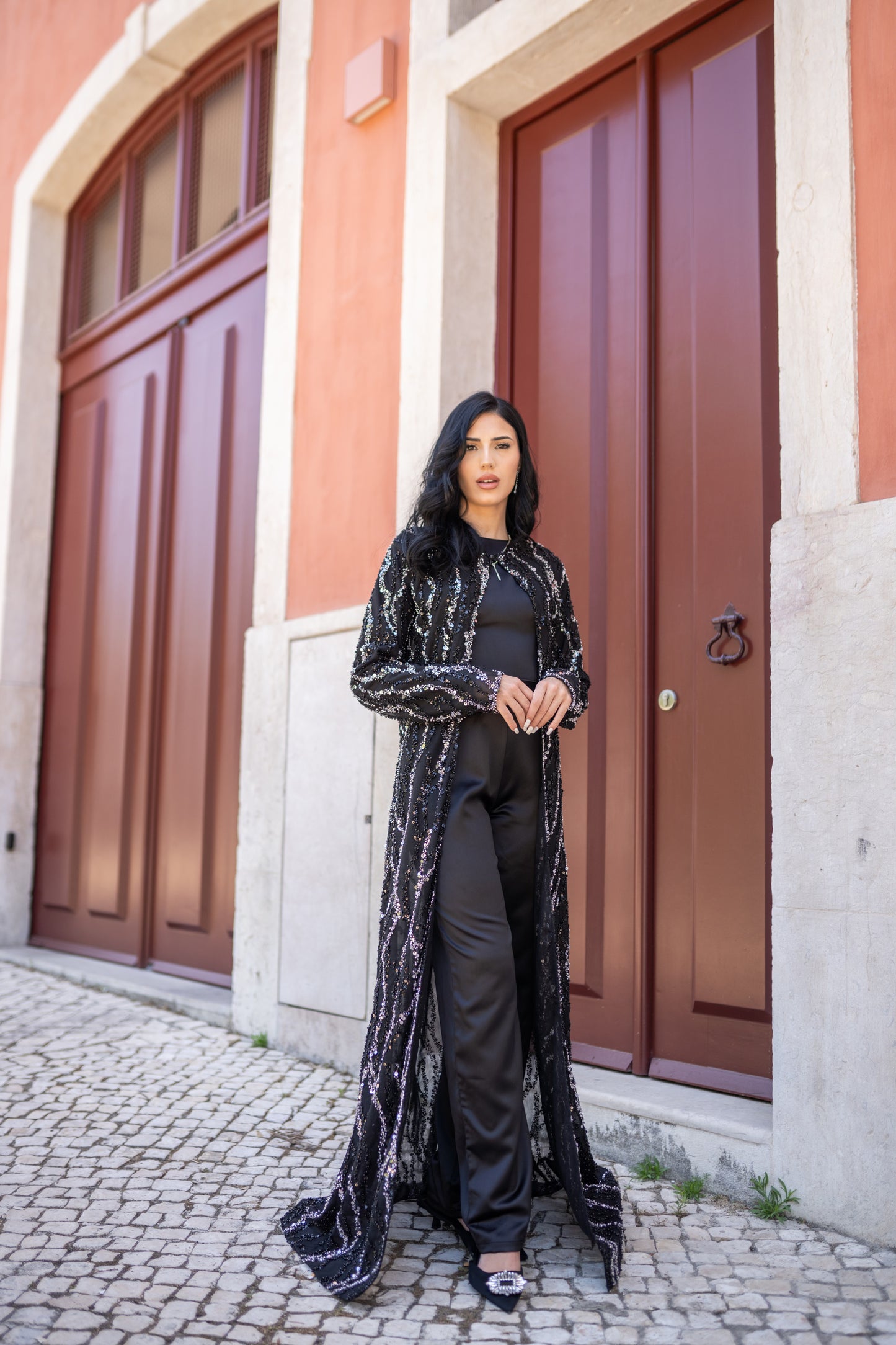 Black Satin Jumpsuit with Rhinestone Cape