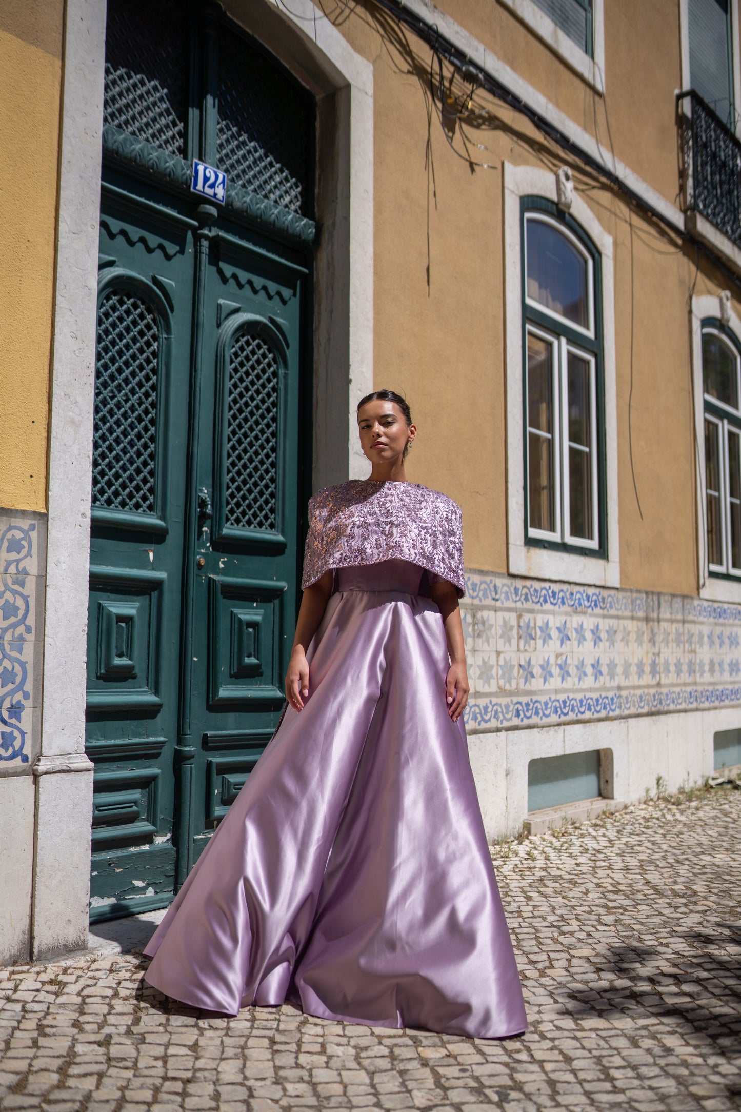 Purple Gown with Embroidered Cape