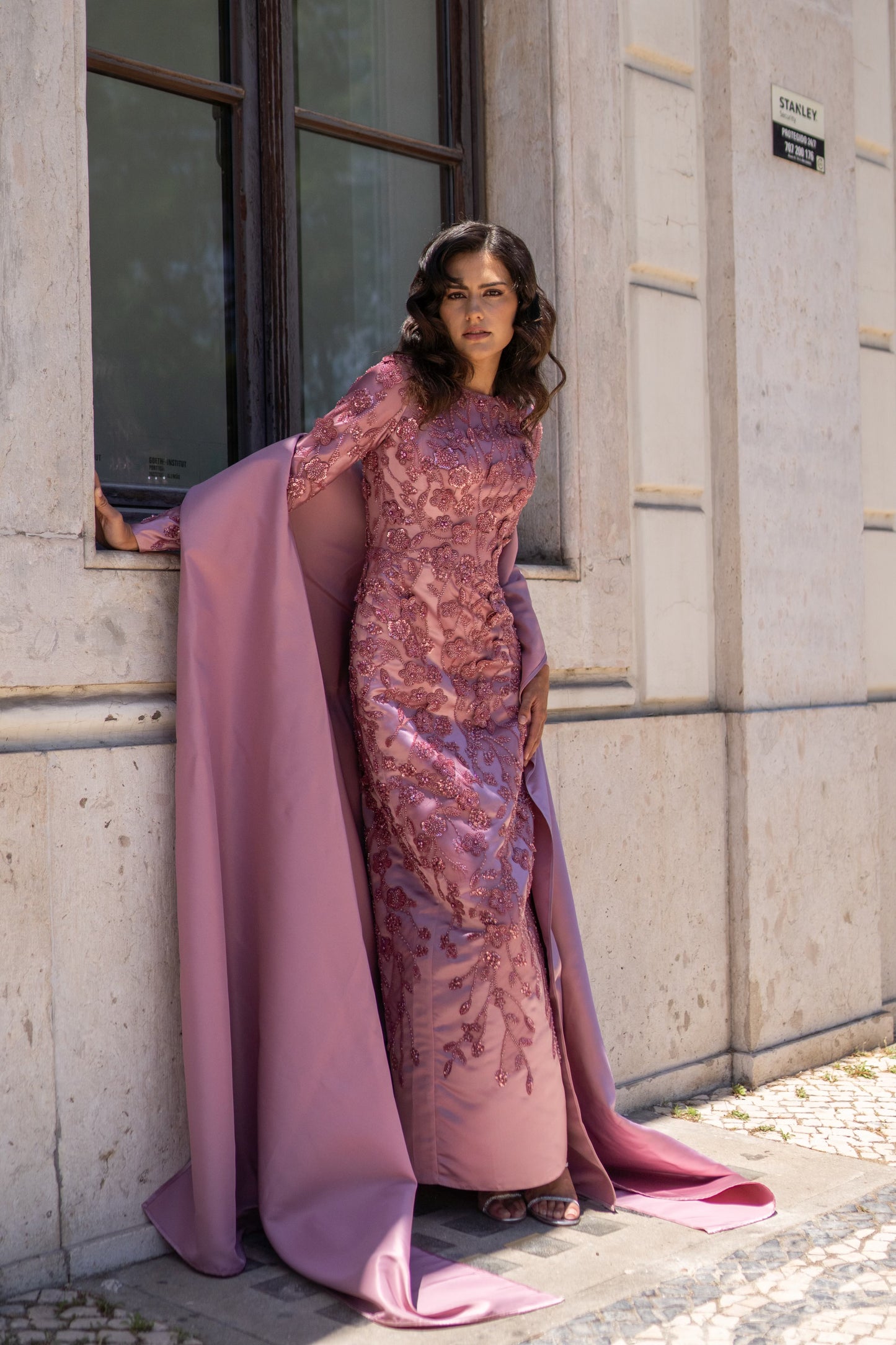 Pink 3D Floral Embroidered Gown with Cape