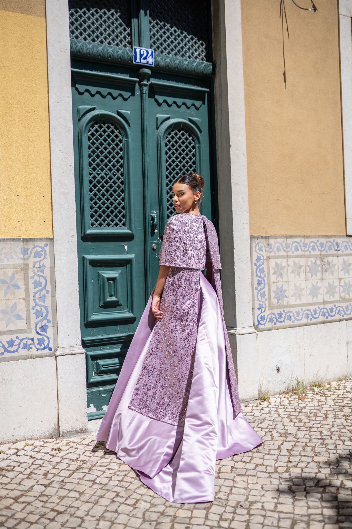 Purple Gown with Embroidered Cape