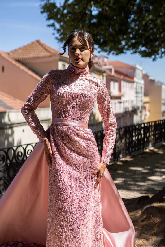 Pink Embroidered Corset Gown with Satin Skirt