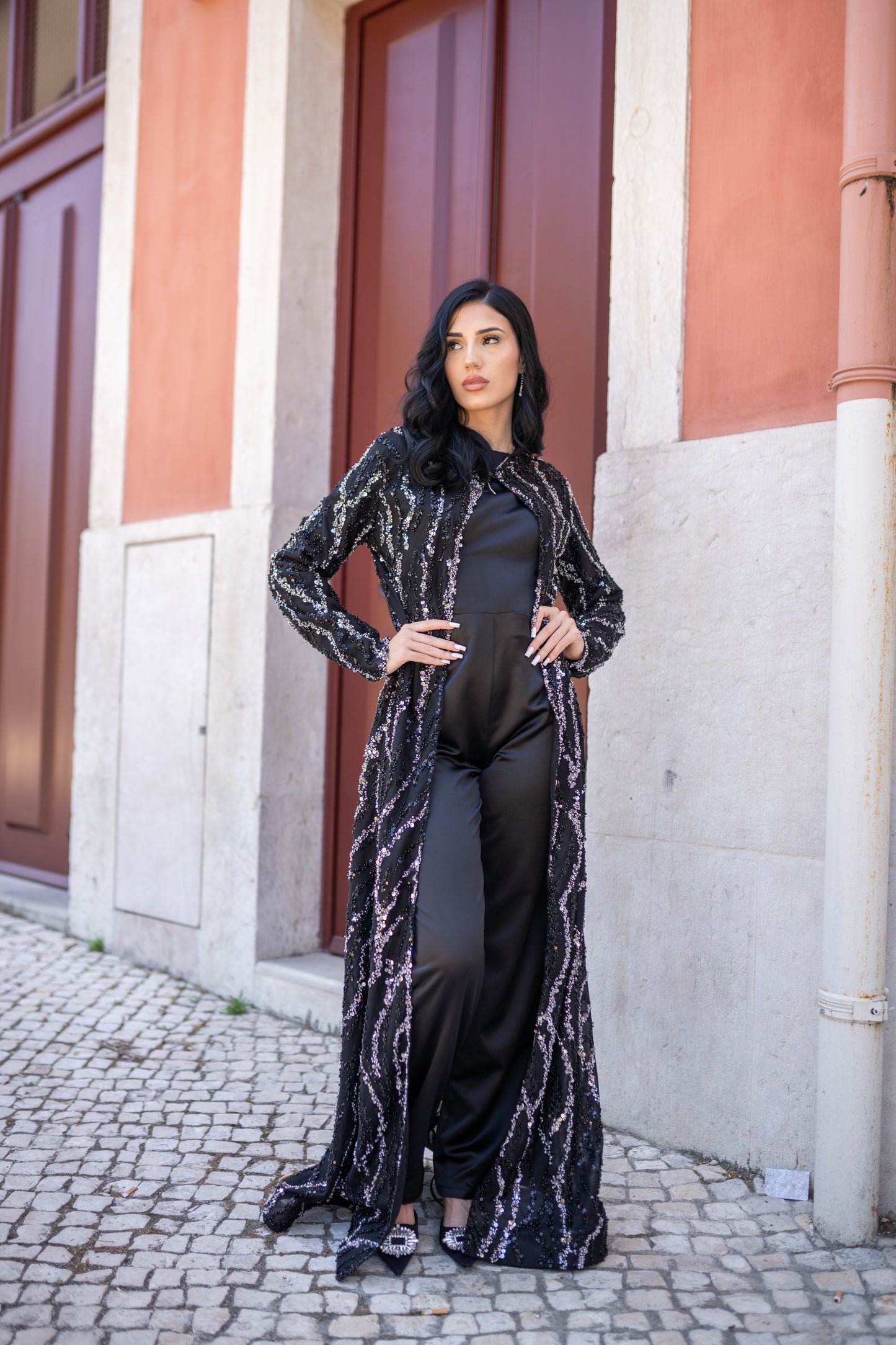 Black Satin Jumpsuit with Rhinestone Cape