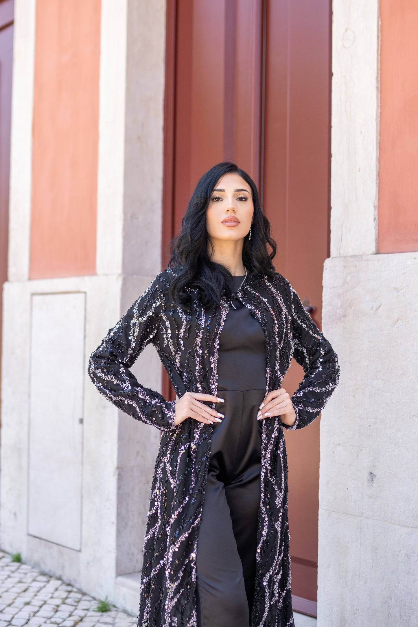 Black Satin Jumpsuit with Rhinestone Cape