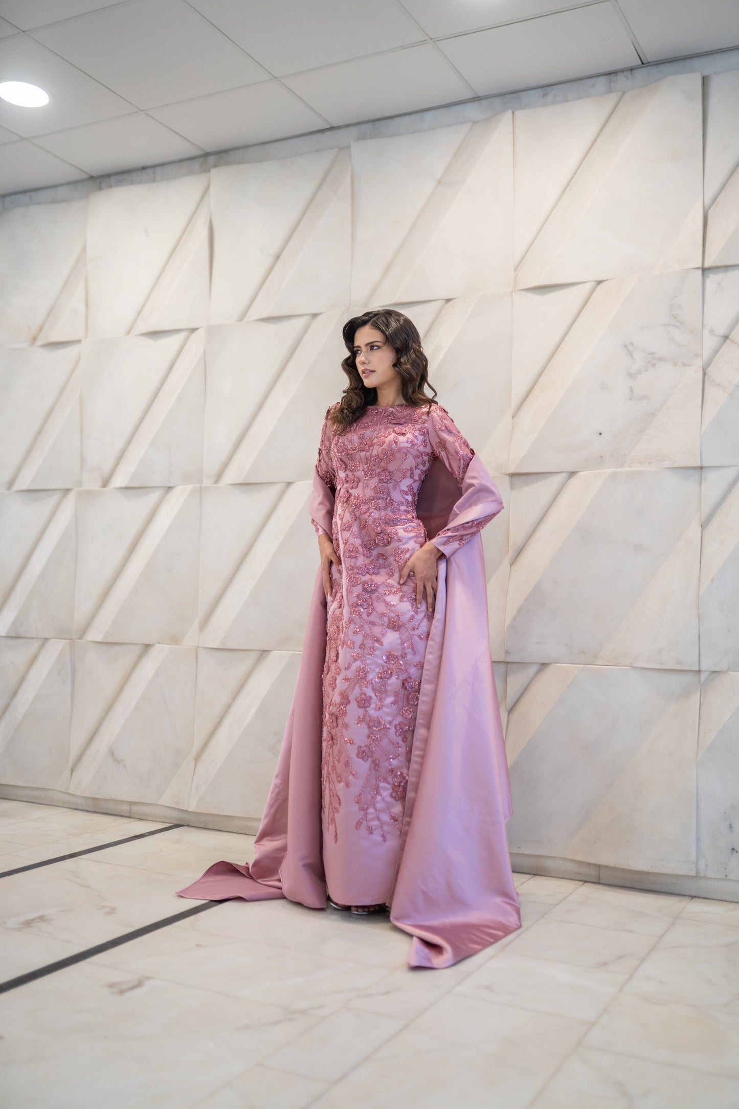 Pink 3D Floral Embroidered Gown with Cape