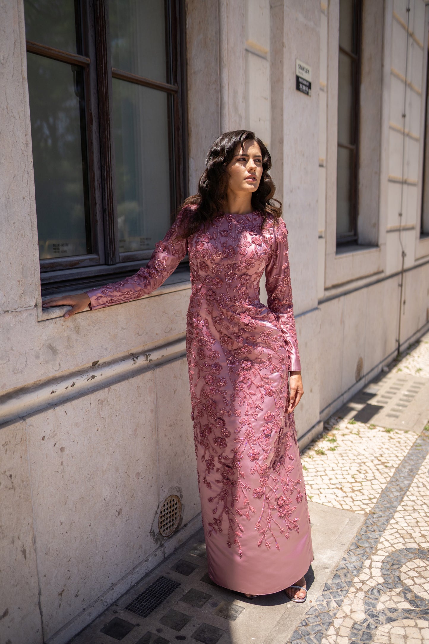 Pink 3D Floral Embroidered Gown with Cape