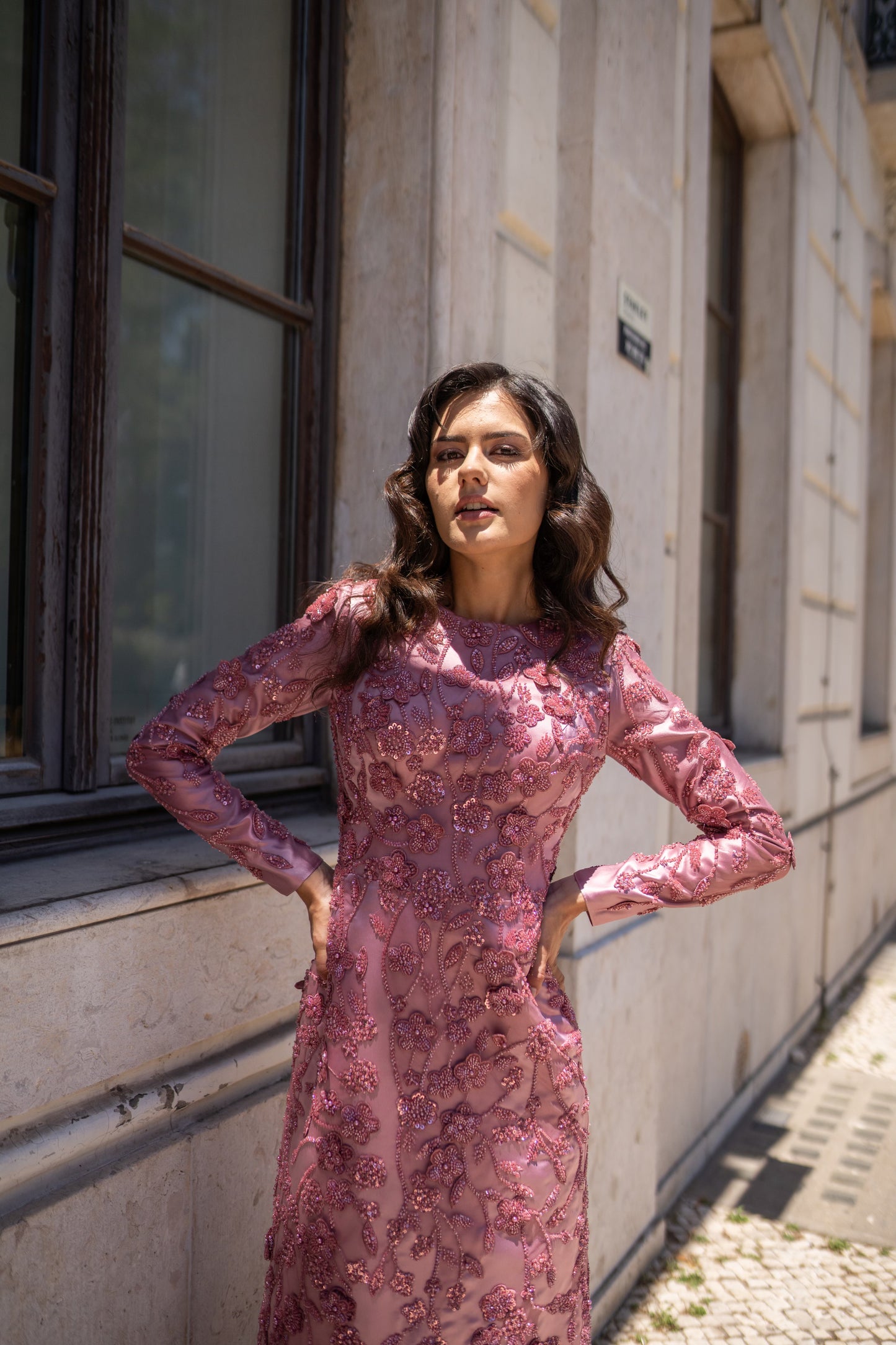 Pink 3D Floral Embroidered Gown with Cape